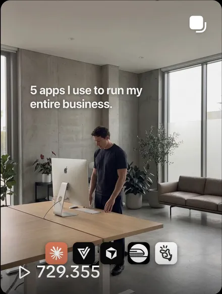 Post using the "5 apps I use to run my entire business" format, 729,355 views